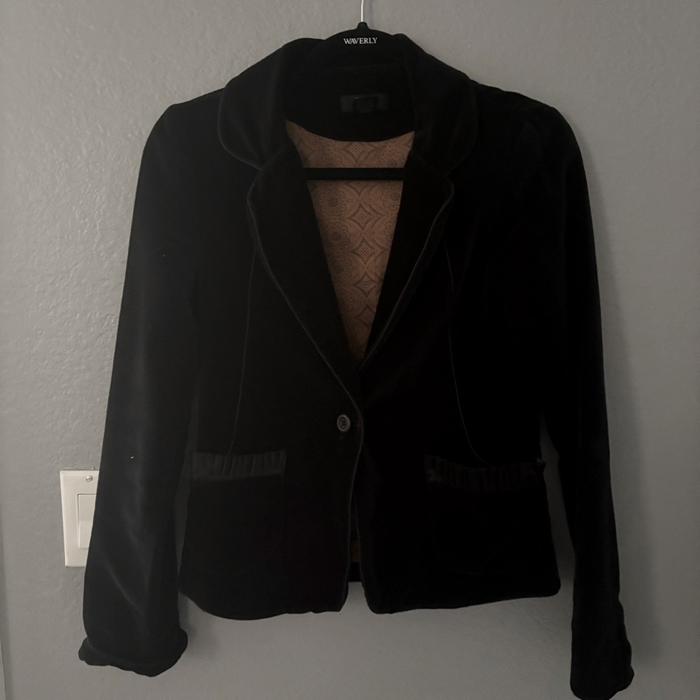 Frenchi Black Velvet Blazer with Satin Ruffle Detail Size: S